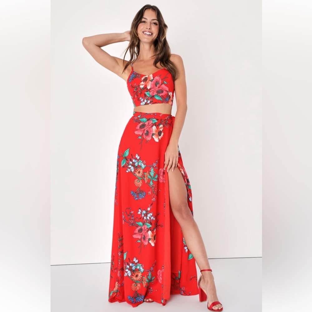 Bloom With a View Red Two-Piece Maxi Dress
Color: Red Floral Print
Size: XS